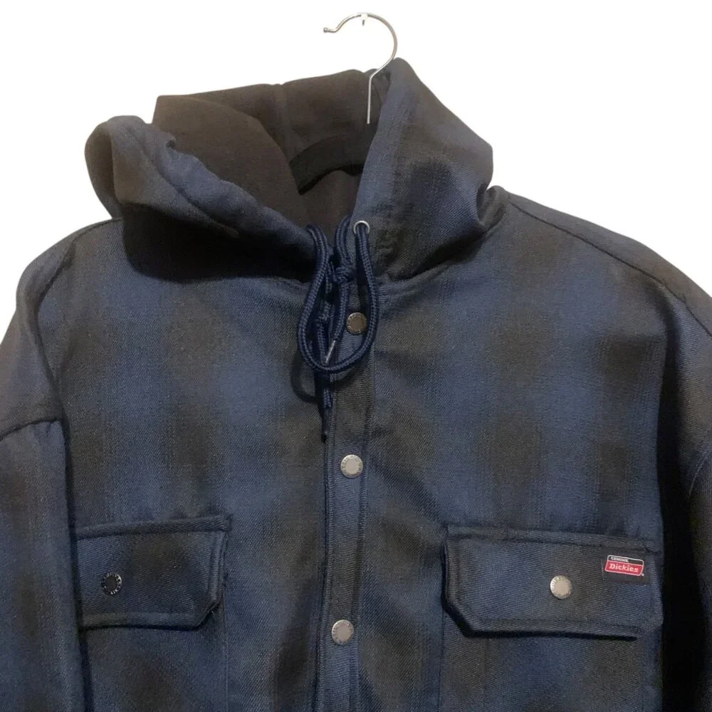 Dickies Mens Jacket 2XL Blue & Black Plaid Hooded Fleece Lining Chore - Picture 3 of 10